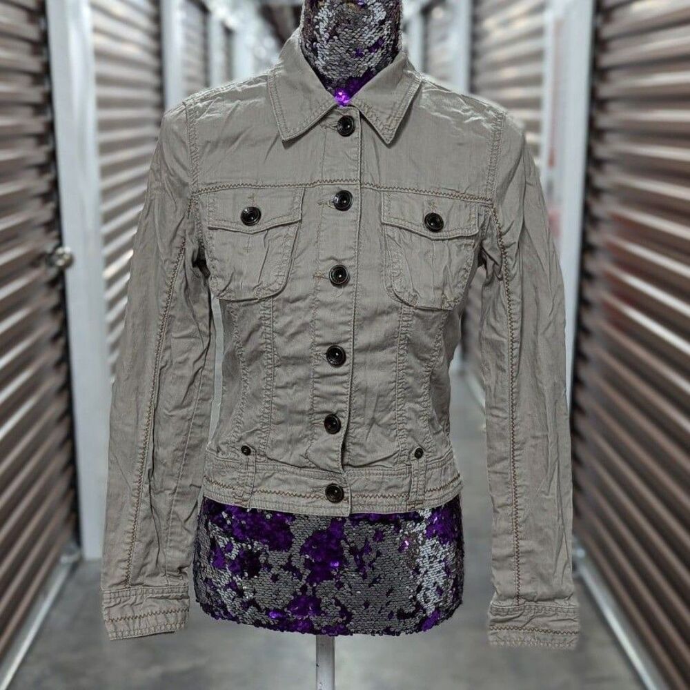 Mexx Size 4‎ Beige Military Cargo Jacket with Brown ZigZag Stitching 100% Cotton